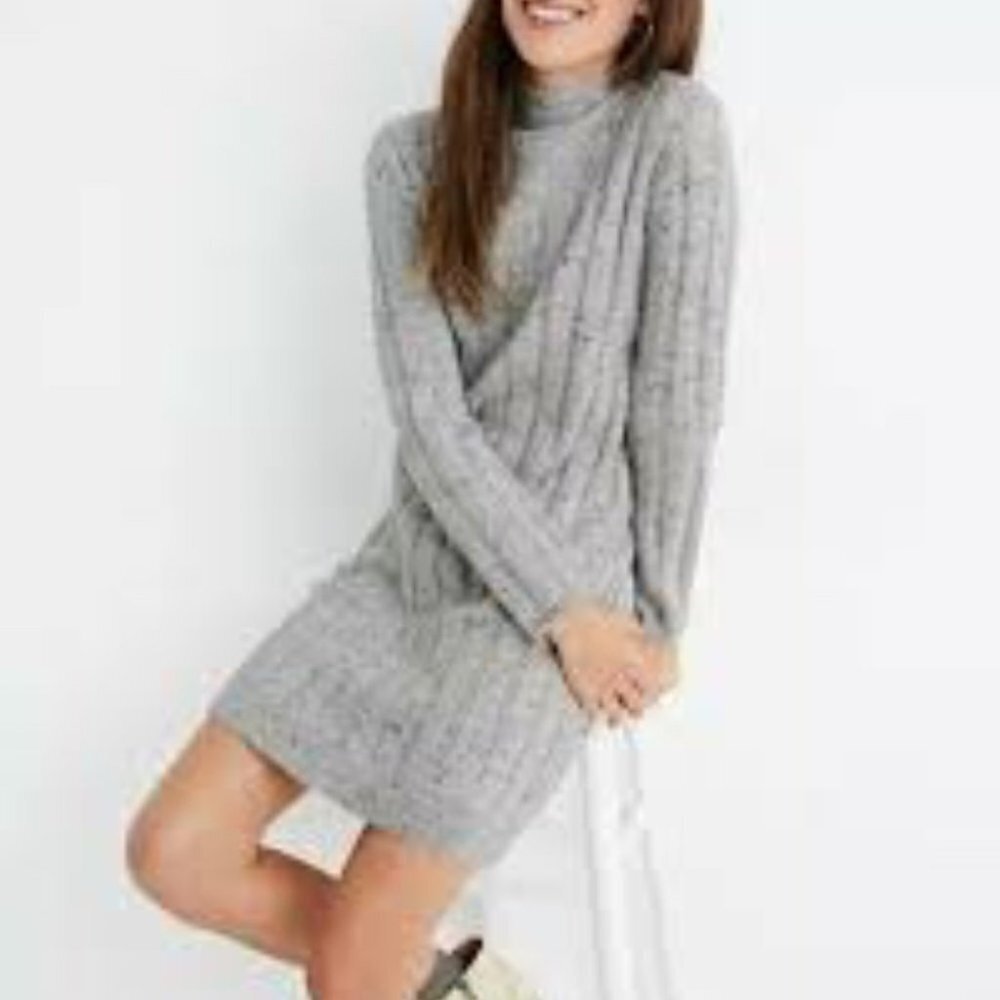 Madewell Gray Cable-Knit Turtleneck Sweater Dress